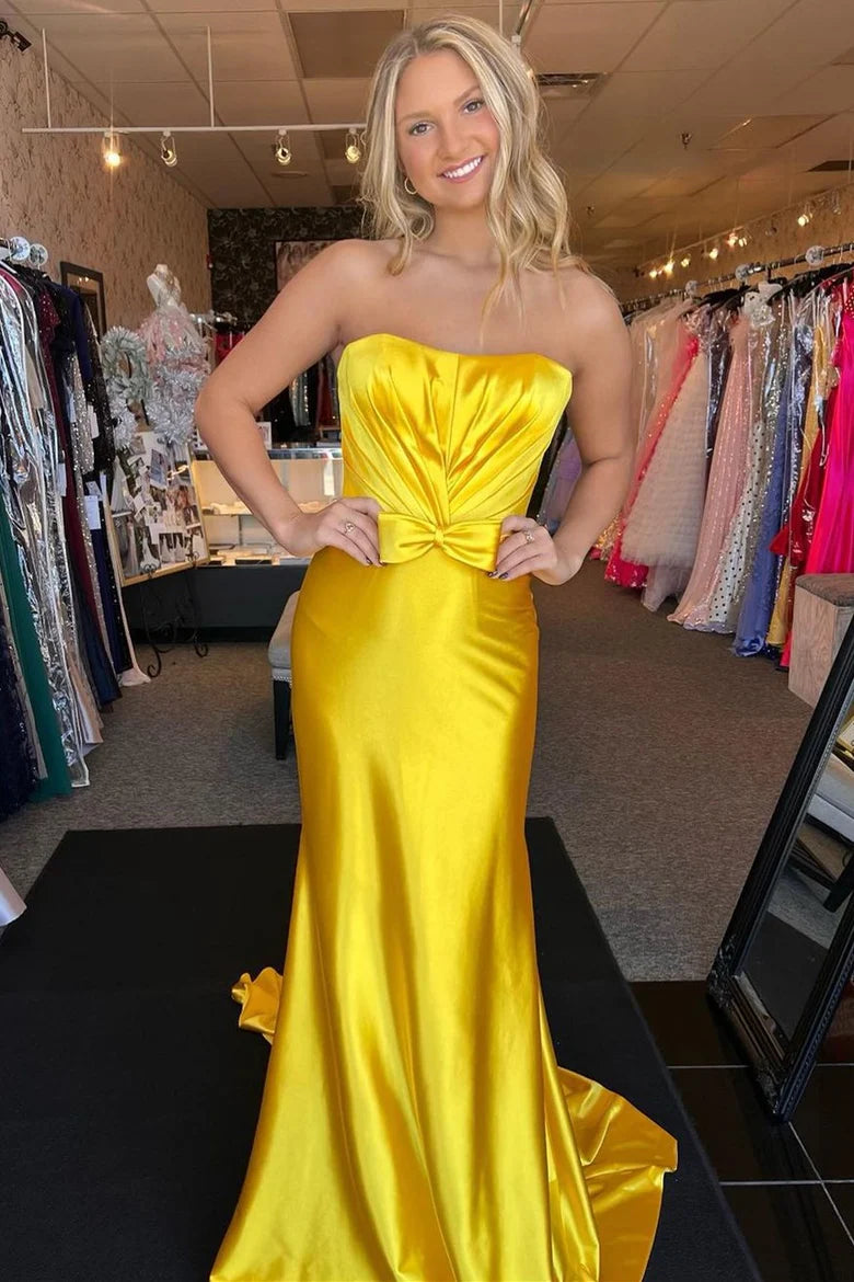 Vestido de fiesta de sirena con lazo, sin tirantes y hombros descubiertos y cola